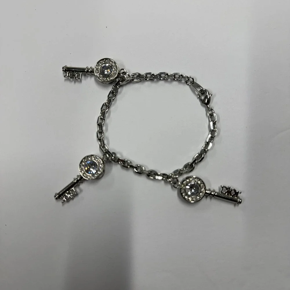 Christian Dior Silver Tone Key Charm Bracelet Crystal Logo Jewelry